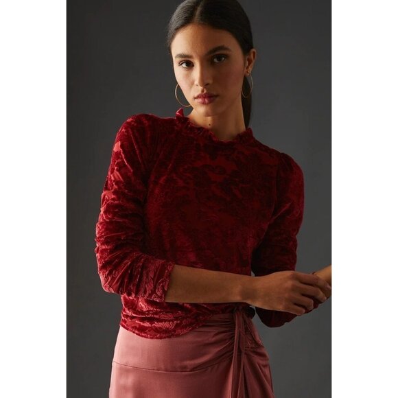 Anthropologie Sheer Velvet Burnout Top Wine Color Womens Size Large - Picture 1 of 11